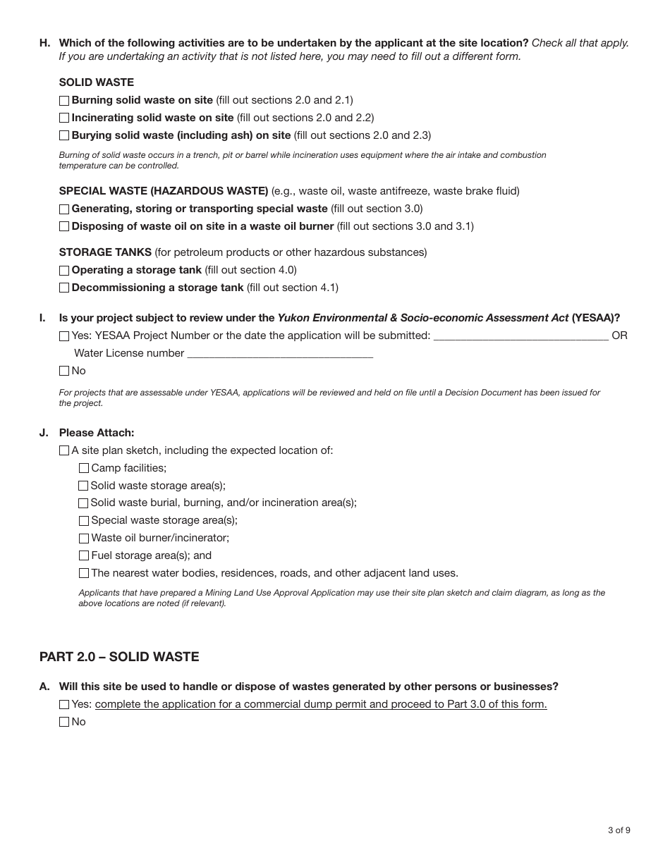 Form YG6245 Consolidated Application for Environment Act Permits for Operations With 1-9 People - Yukon, Canada, Page 3