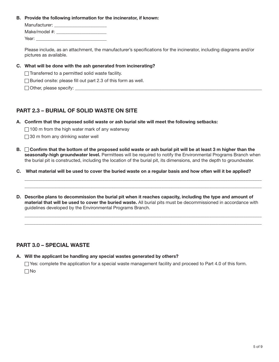 Form YG6245 Consolidated Application for Environment Act Permits for Operations With 1-9 People - Yukon, Canada, Page 5