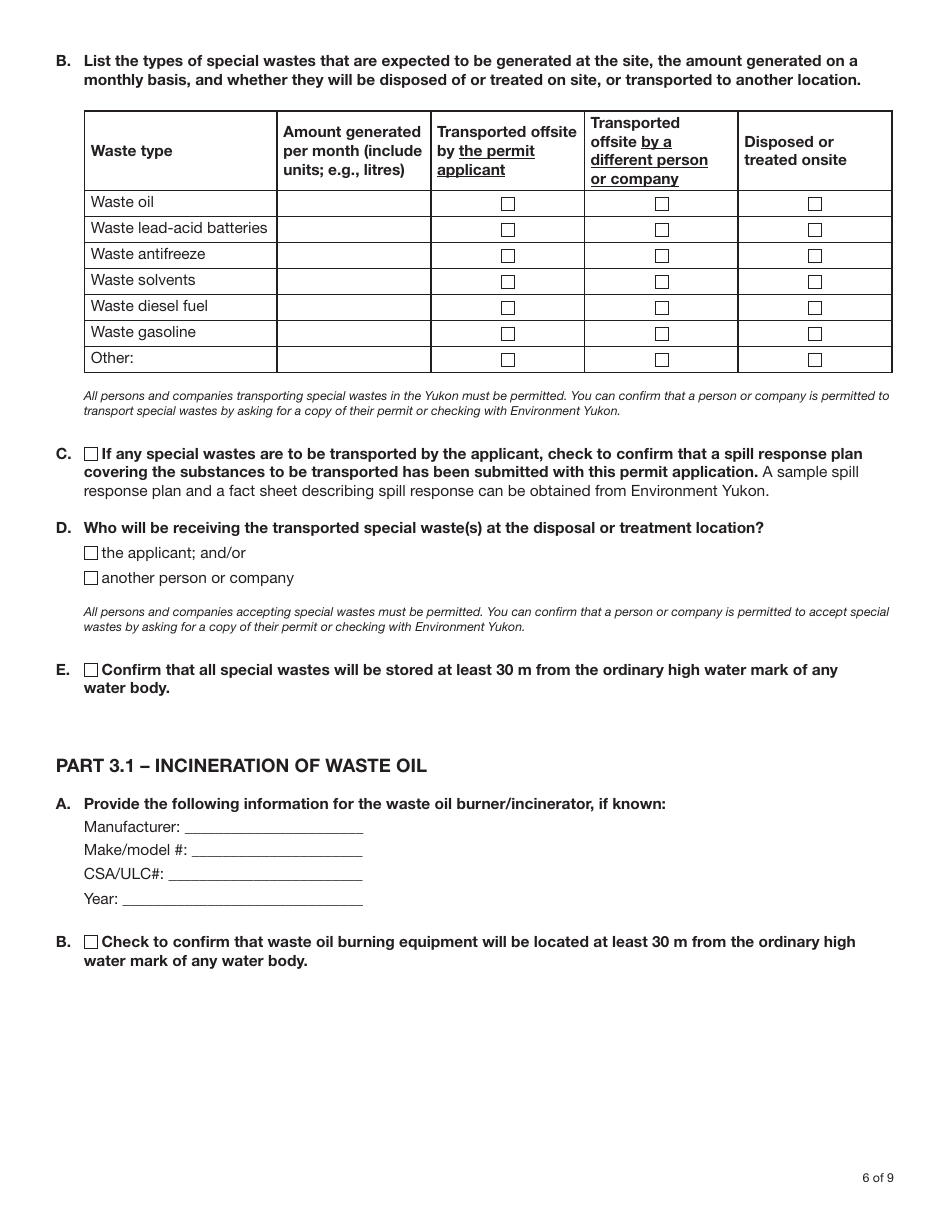 Form YG6245 Consolidated Application for Environment Act Permits for Operations With 1-9 People - Yukon, Canada, Page 6