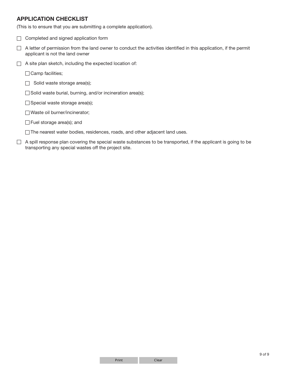 Form YG6245 Consolidated Application for Environment Act Permits for Operations With 1-9 People - Yukon, Canada, Page 9