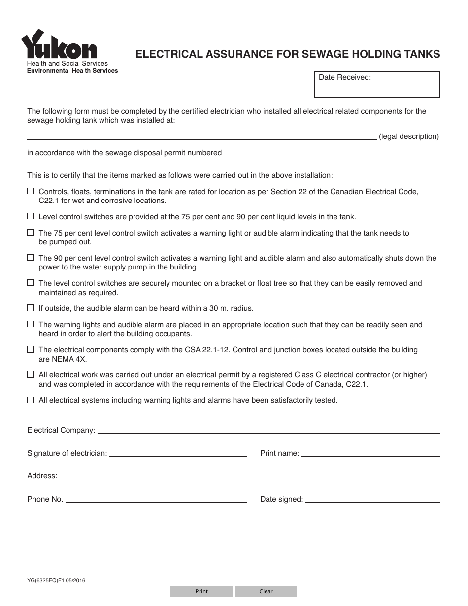 Form YG6325 Electrical Assurance for Sewage Holding Tanks - Yukon, Canada, Page 1