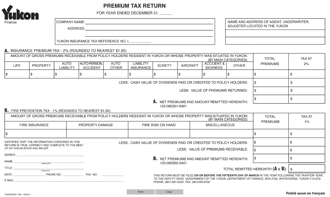 Form YG336 Premium Tax Return - Yukon, Canada
