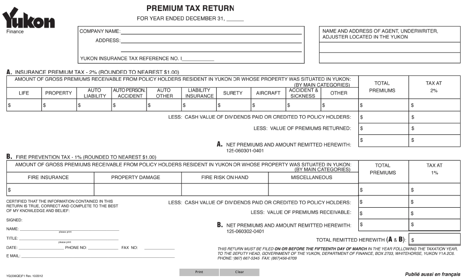 Form YG336 Premium Tax Return - Yukon, Canada, Page 1