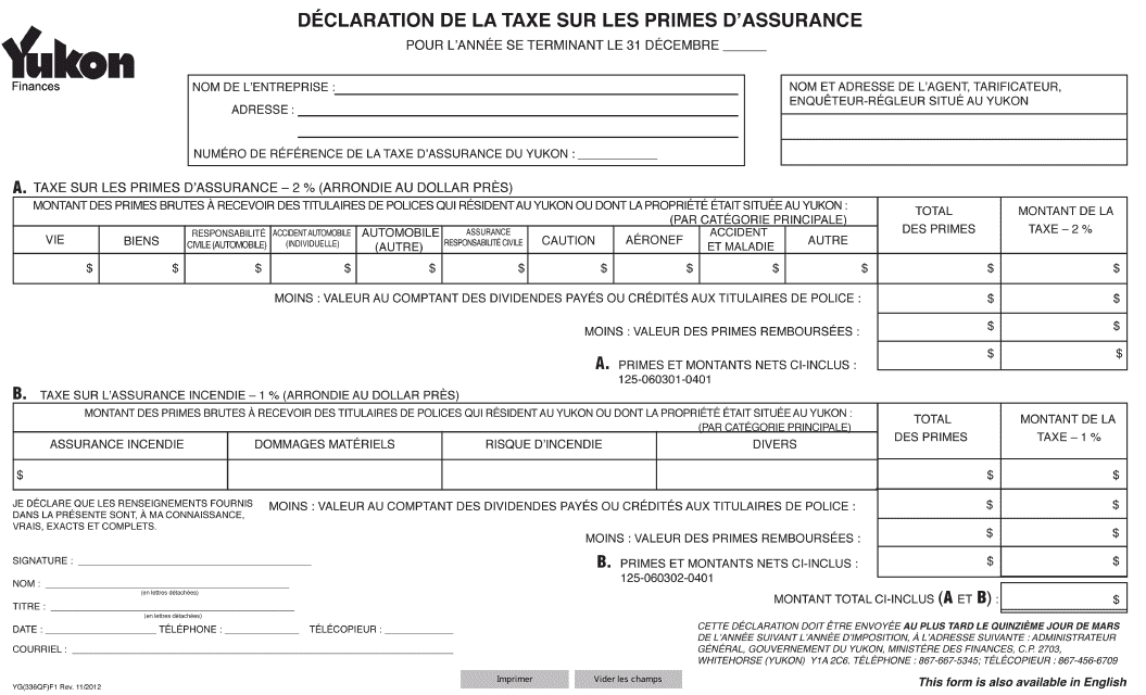 Forme YG336 Declaration De La Taxe Sur Les Primes D'assurance - Yukon, Canada (French)