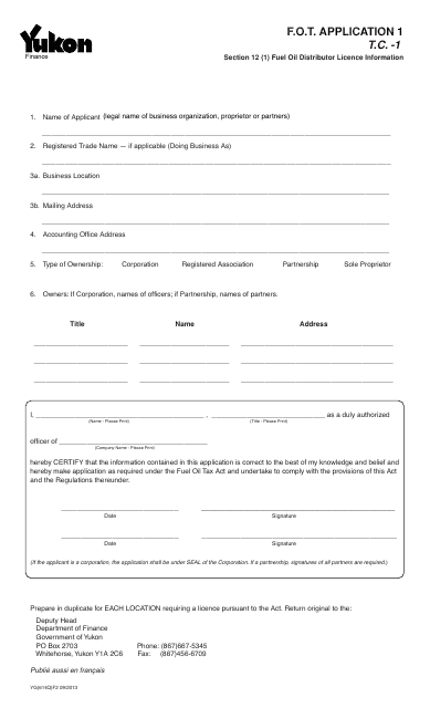 Form YG614 Fuel Oil Tax - Application 1 - Yukon, Canada