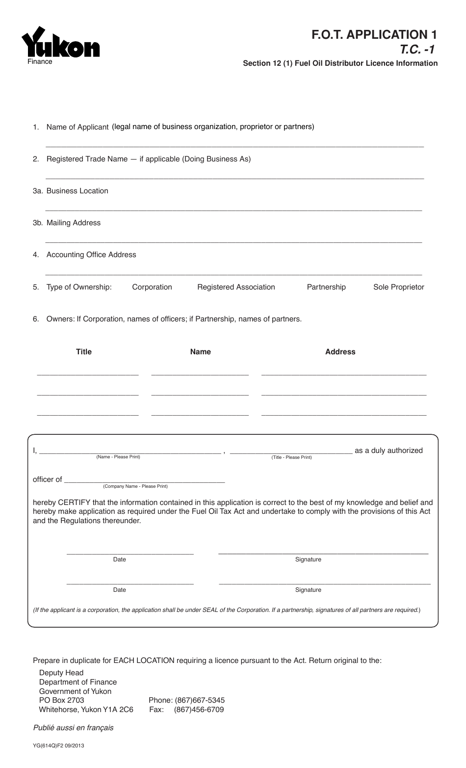 Form YG614 Fuel Oil Tax - Application 1 - Yukon, Canada, Page 1