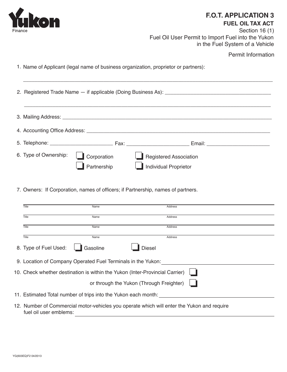 Form YG603 Fuel Oil Tax - Application 3 - Yukon, Canada, Page 1
