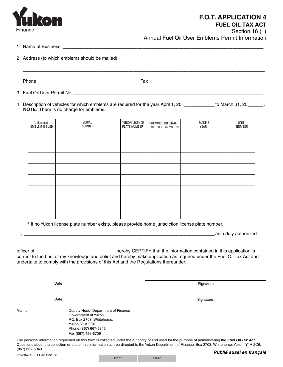 Form YG604 Fuel Oil Tax - Application 4 - Yukon, Canada, Page 1