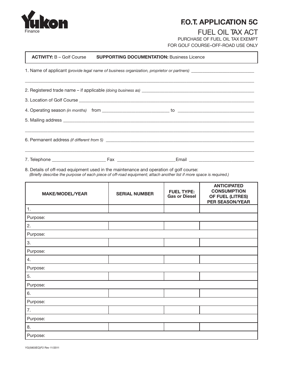 Form YG5803 Fuel Oil Tax - Application 5c - Yukon, Canada, Page 1