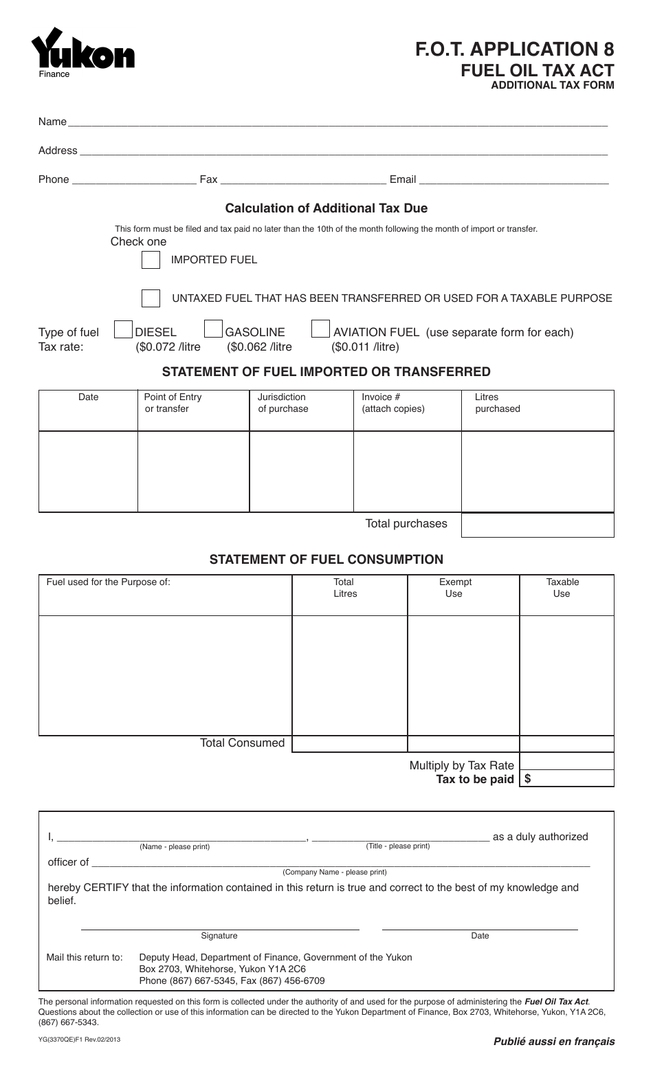 Form YG3370 Fuel Oil Tax - Application 8 - Yukon, Canada, Page 1