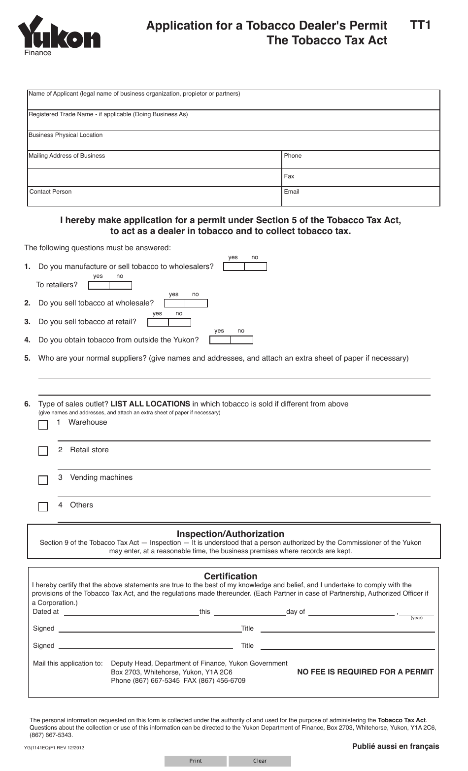 Form YG1141 Application for a Tobacco Dealers Permit - Yukon, Canada, Page 1