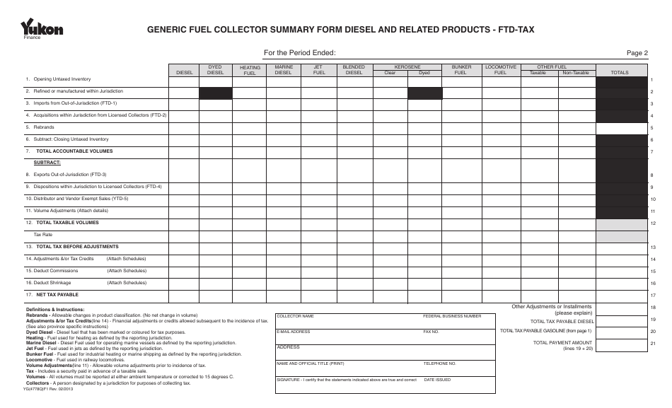 Form YG4778 Generic Fuel Collector Summary Form Diesel and Related Products - Ftd-Tax - Yukon, Canada, Page 1