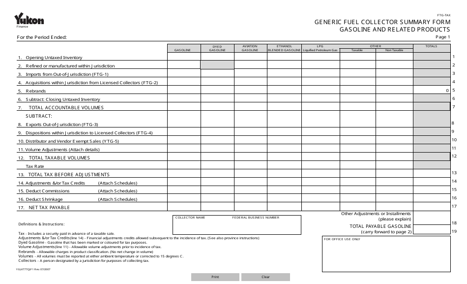 Form YG4777 Generic Fuel Collector Summary Form Gasoline and Related Products - Yukon, Canada, Page 1