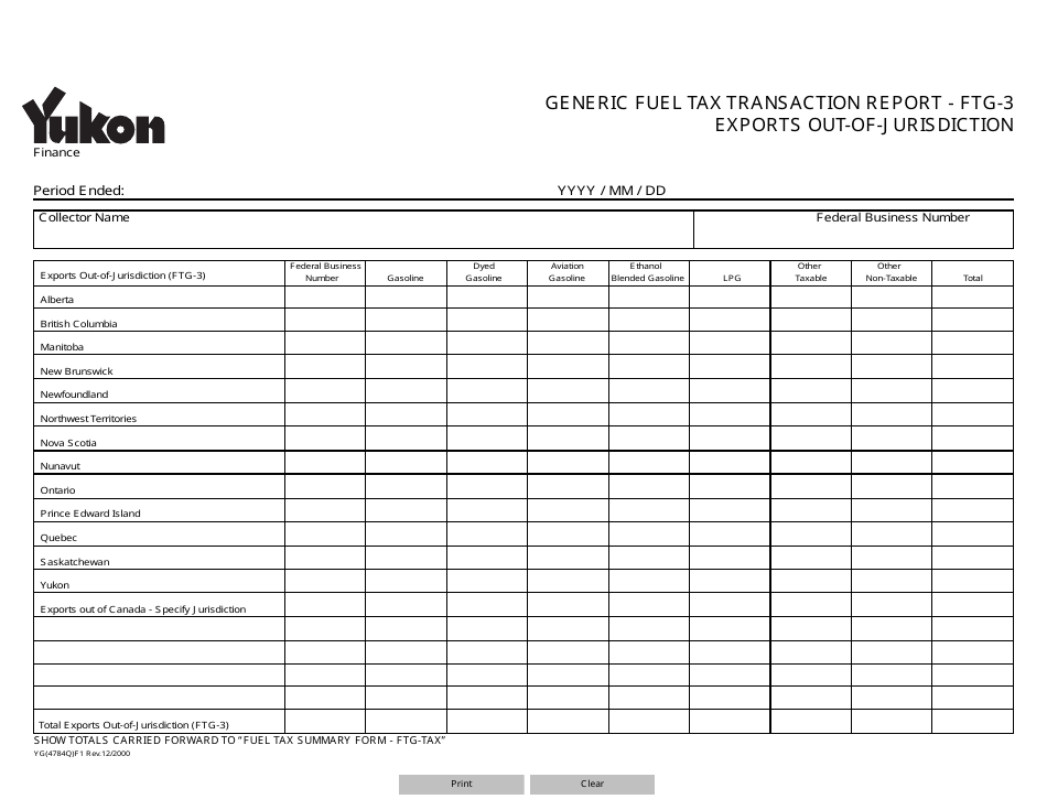 Form YG4784 Generic Fuel Tax Transaction Report - Ftg-3 Exports out-Of-Jurisdiction - Yukon, Canada, Page 1