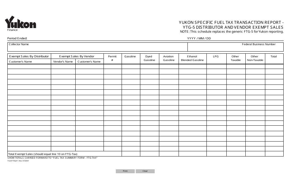 Form YG4773 Yukon Specific Fuel Tax Transaction Report - Ytg-5 Distributor and Vendor Exempt Sales - Yukon, Canada, Page 1
