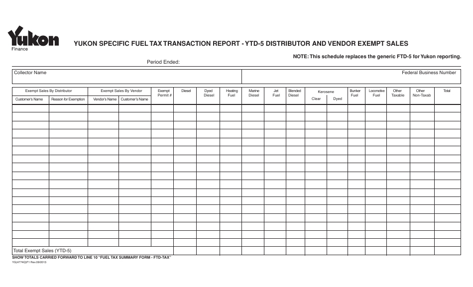 Form YG4774 Yukon Specific Fuel Tax Transaction Report - Ytd-5 Distributor and Vendor Exempt Sales - Yukon, Canada, Page 1