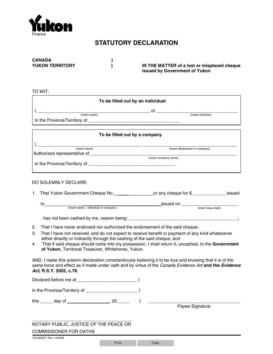 Form YG483 Statutory Declaration - Yukon, Canada, Page 1