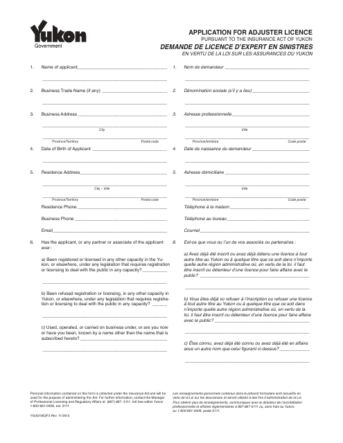 Form YG5318 Application for Adjuster Licence - Yukon, Canada (English/French)