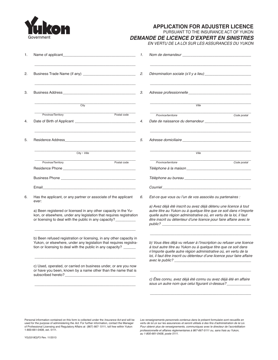 Form YG5318 Application for Adjuster Licence - Yukon, Canada (English / French), Page 1