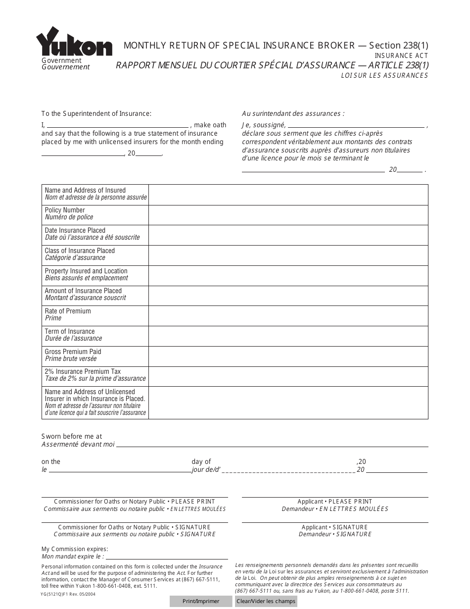 Form YG5121 Section 238(1) Monthly Return of Special Insurance Broker - Yukon, Canada (English / French), Page 1