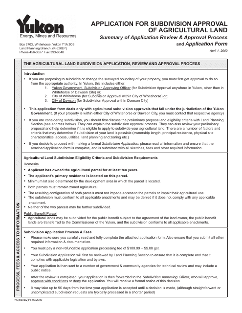 Form YG5603 Application for Subdivision Approval of Agricultural Land - Yukon, Canada