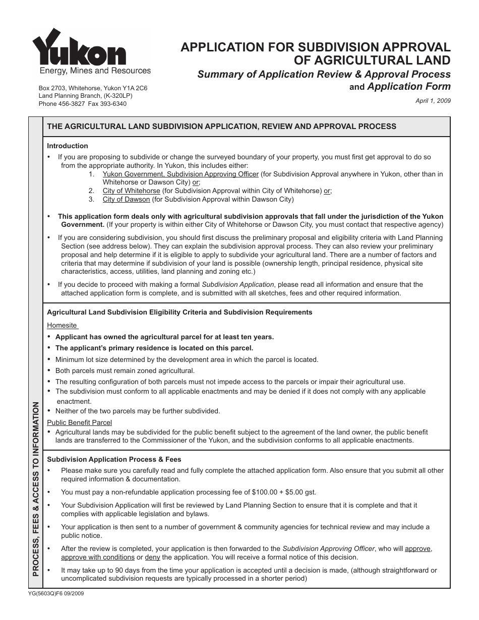 Form YG5603 Application for Subdivision Approval of Agricultural Land - Yukon, Canada, Page 1