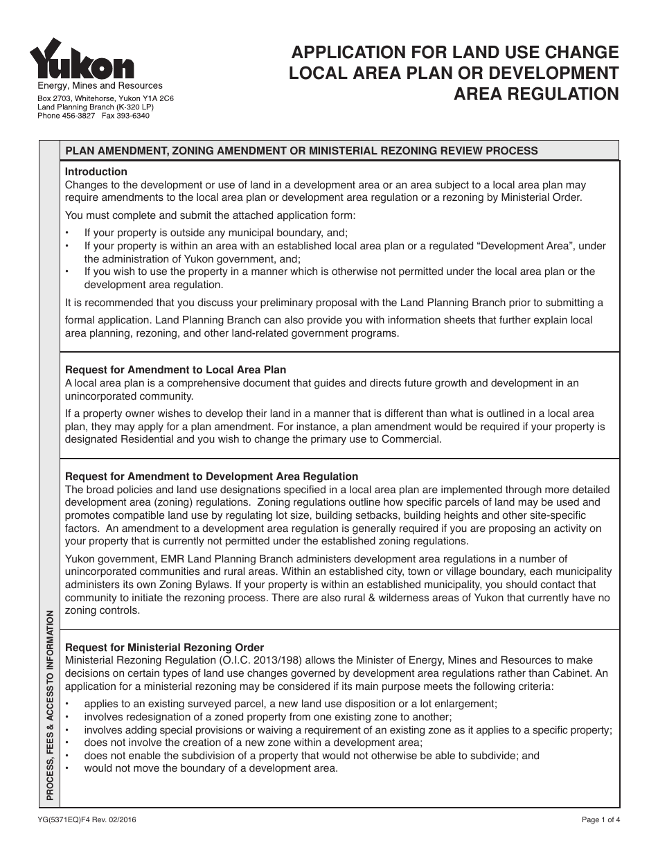 Form YG5371 Application for Land Use Change Local Area Plan or Development Area Regulation - Yukon, Canada, Page 1
