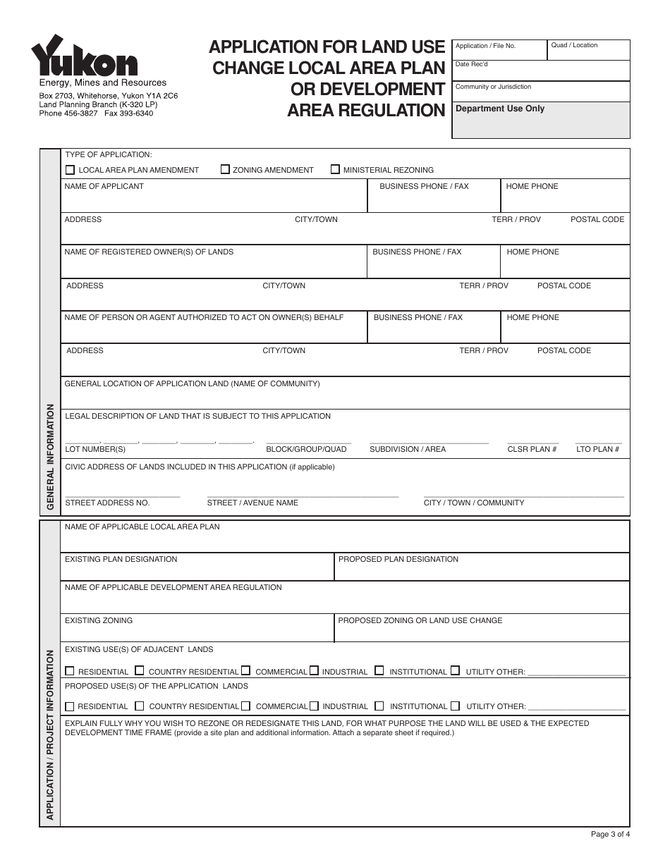 Form YG5371 Application for Land Use Change Local Area Plan or Development Area Regulation - Yukon, Canada, Page 3