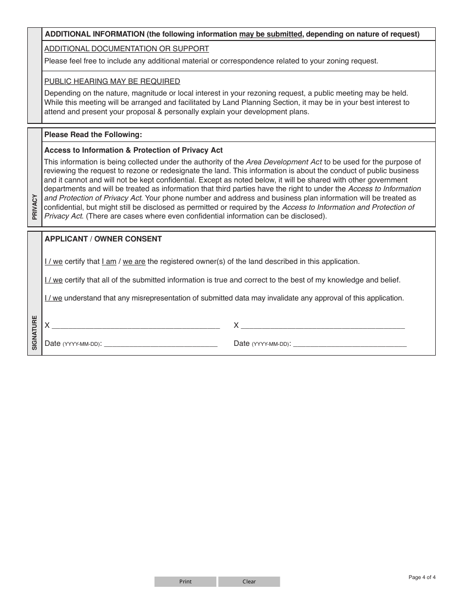 Form YG5371 Application for Land Use Change Local Area Plan or Development Area Regulation - Yukon, Canada, Page 4