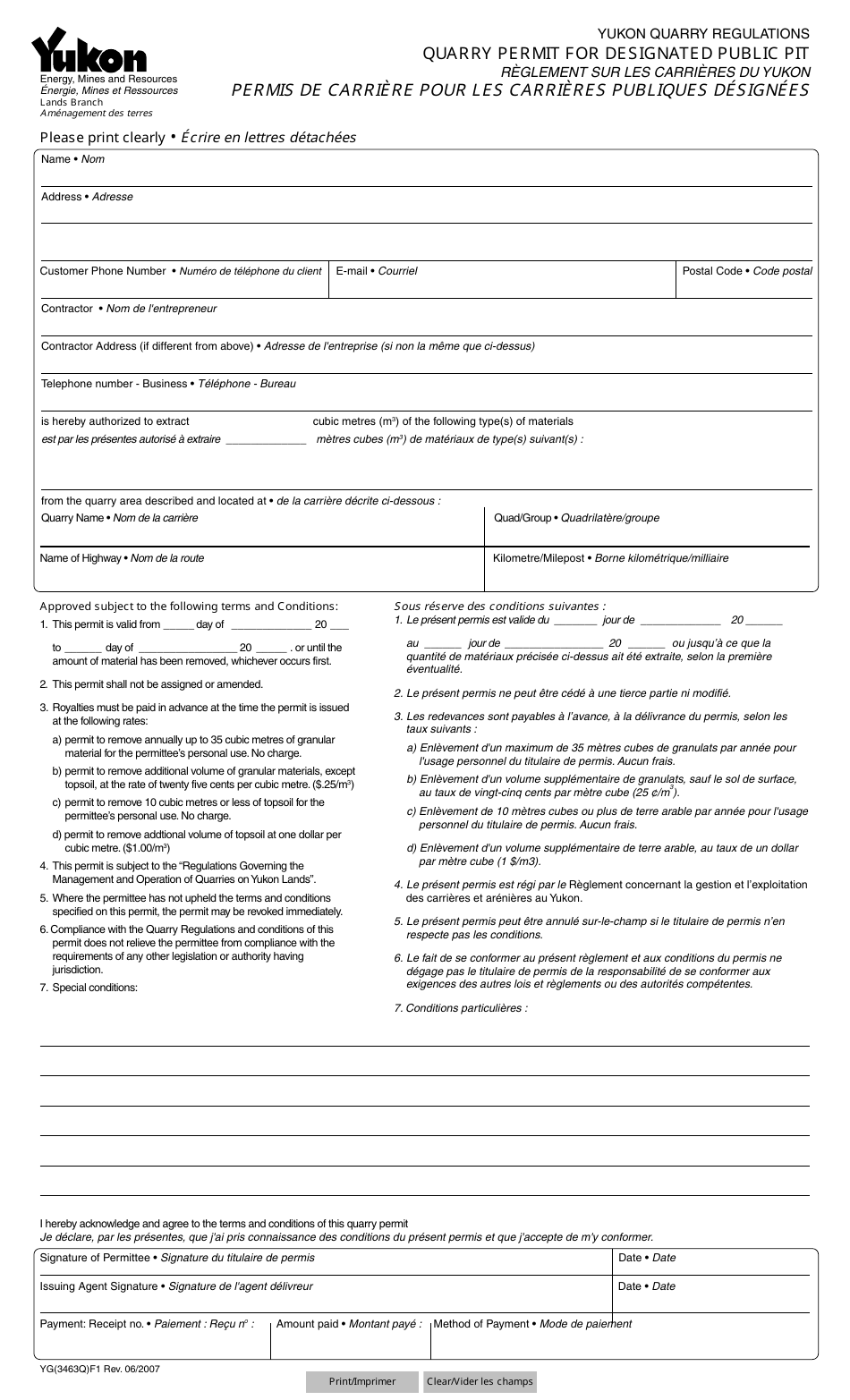 Form YG3463 Quarry Permit for Designated Public Pit - Yukon, Canada (English / French), Page 1