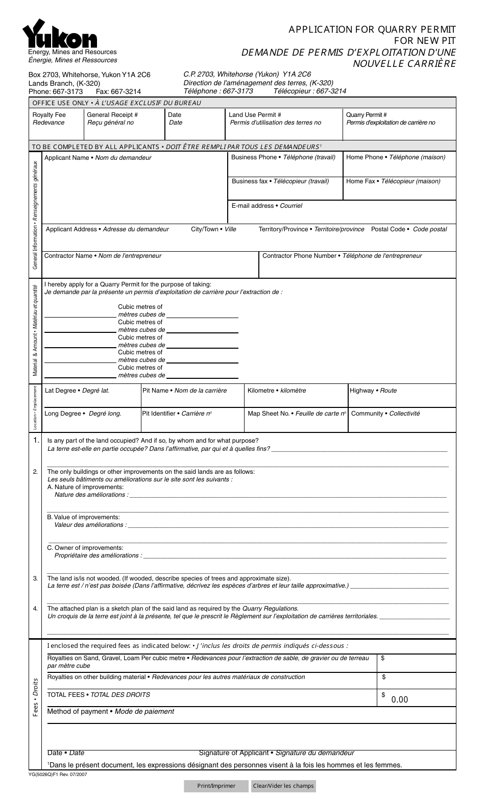 Form YG5026 Application for Quarry Permit for New Pit - Yukon, Canada (English / French), Page 1
