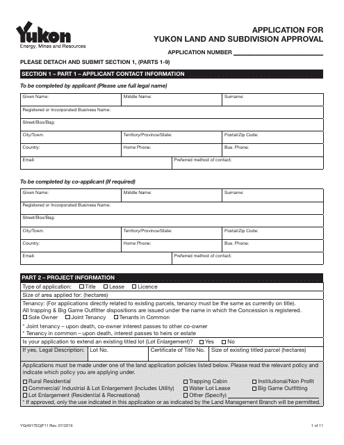 Form YG4917 Application for Yukon Land and Subdivision Approval - Yukon, Canada