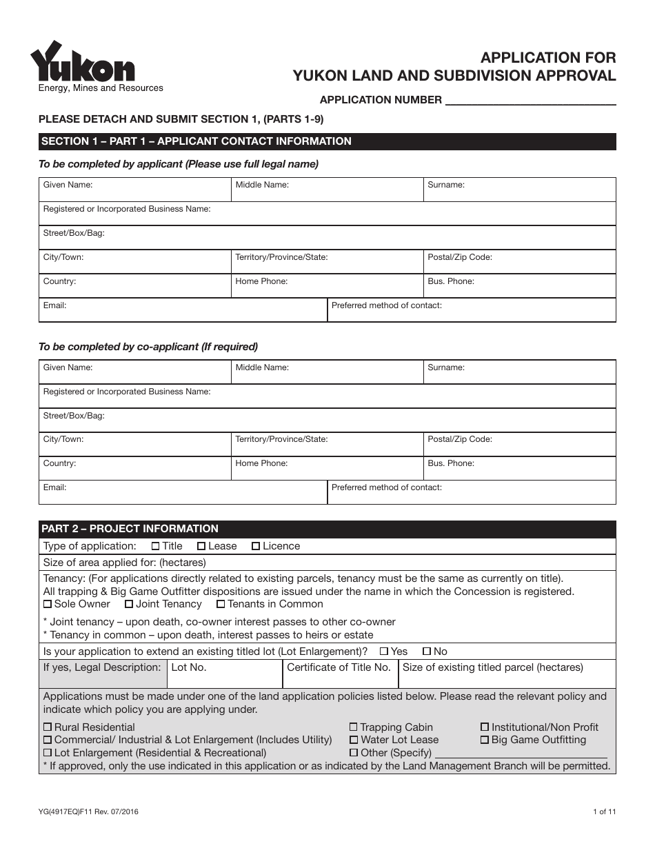 Form YG4917 Application for Yukon Land and Subdivision Approval - Yukon, Canada, Page 1