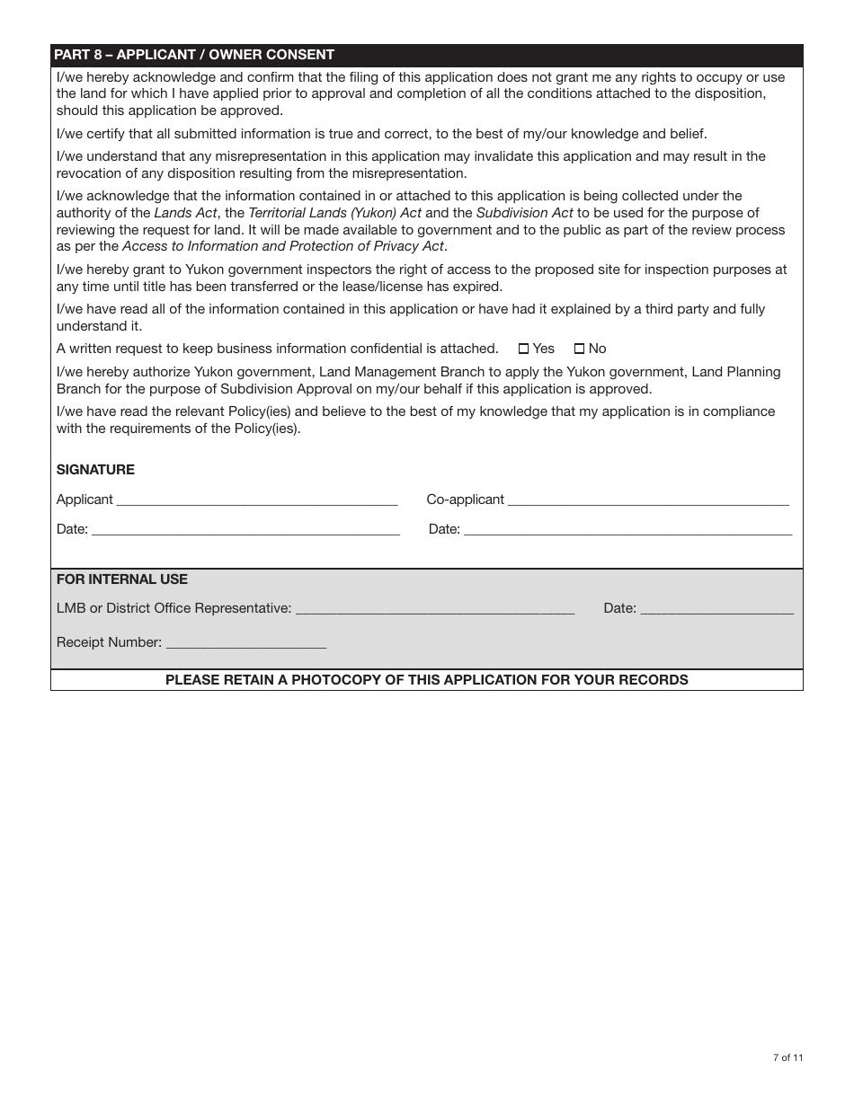 Form YG4917 Application for Yukon Land and Subdivision Approval - Yukon, Canada, Page 7