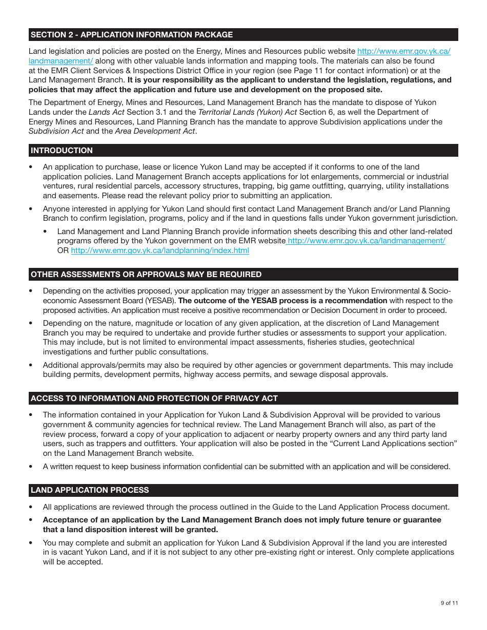 Form YG4917 Application for Yukon Land and Subdivision Approval - Yukon, Canada, Page 9