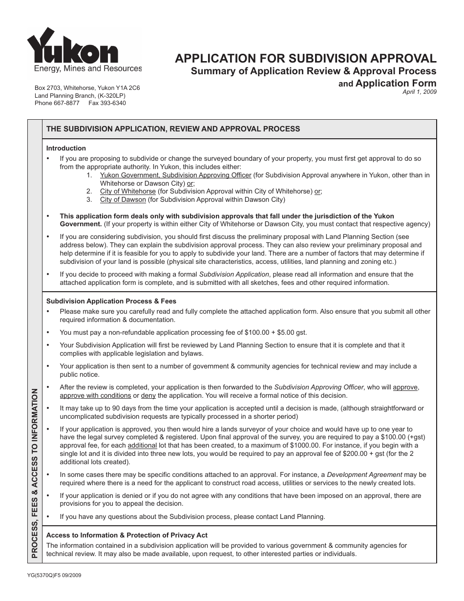 Form YG5370 Application for Subdivision Approval - Yukon, Canada, Page 1