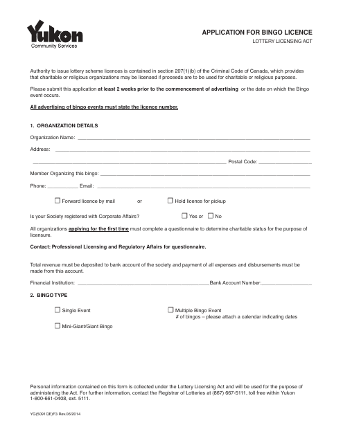 Form YG5091 Application for Bingo Licence - Yukon, Canada