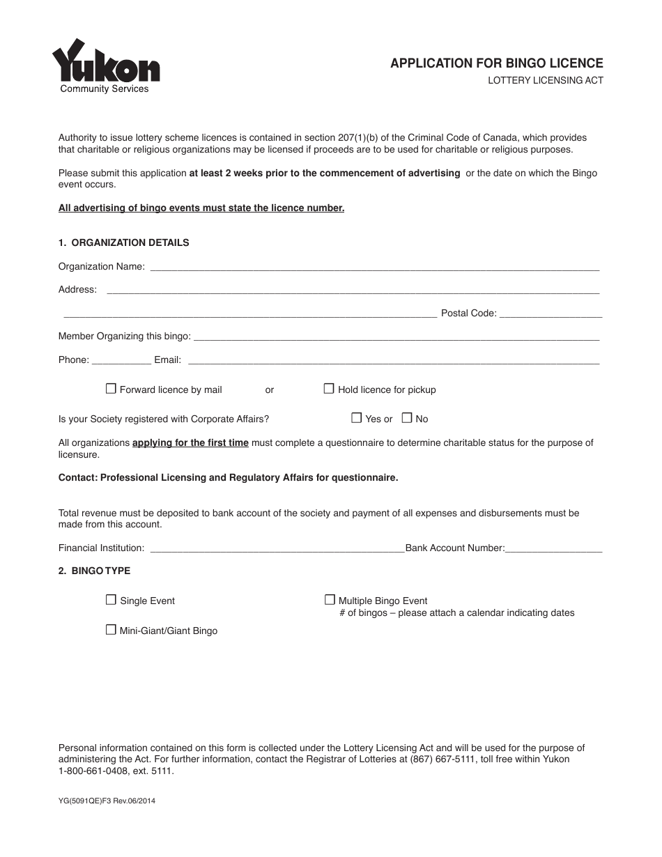 Form YG5091 Application for Bingo Licence - Yukon, Canada, Page 1