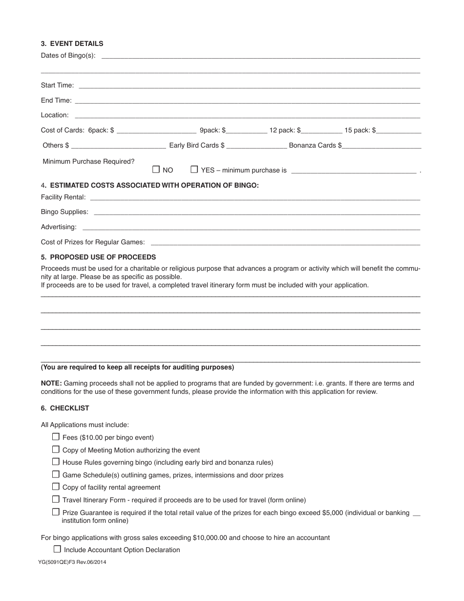 Form YG5091 Application for Bingo Licence - Yukon, Canada, Page 2