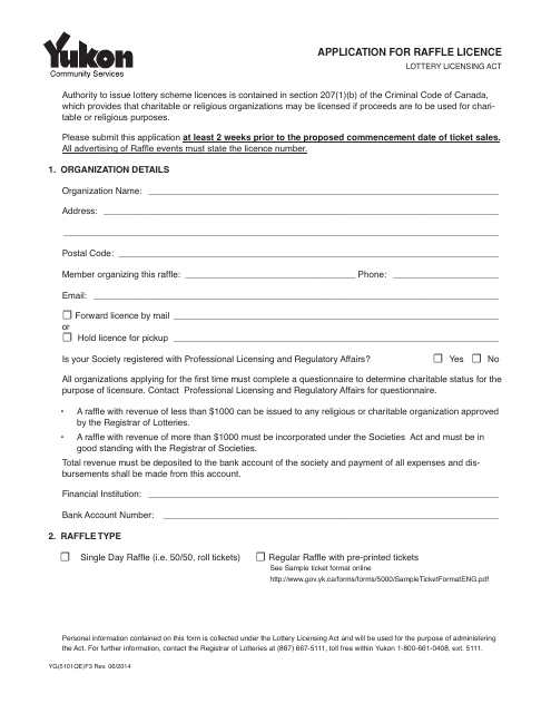 Form YG5101 Application for Raffle Licence - Yukon, Canada