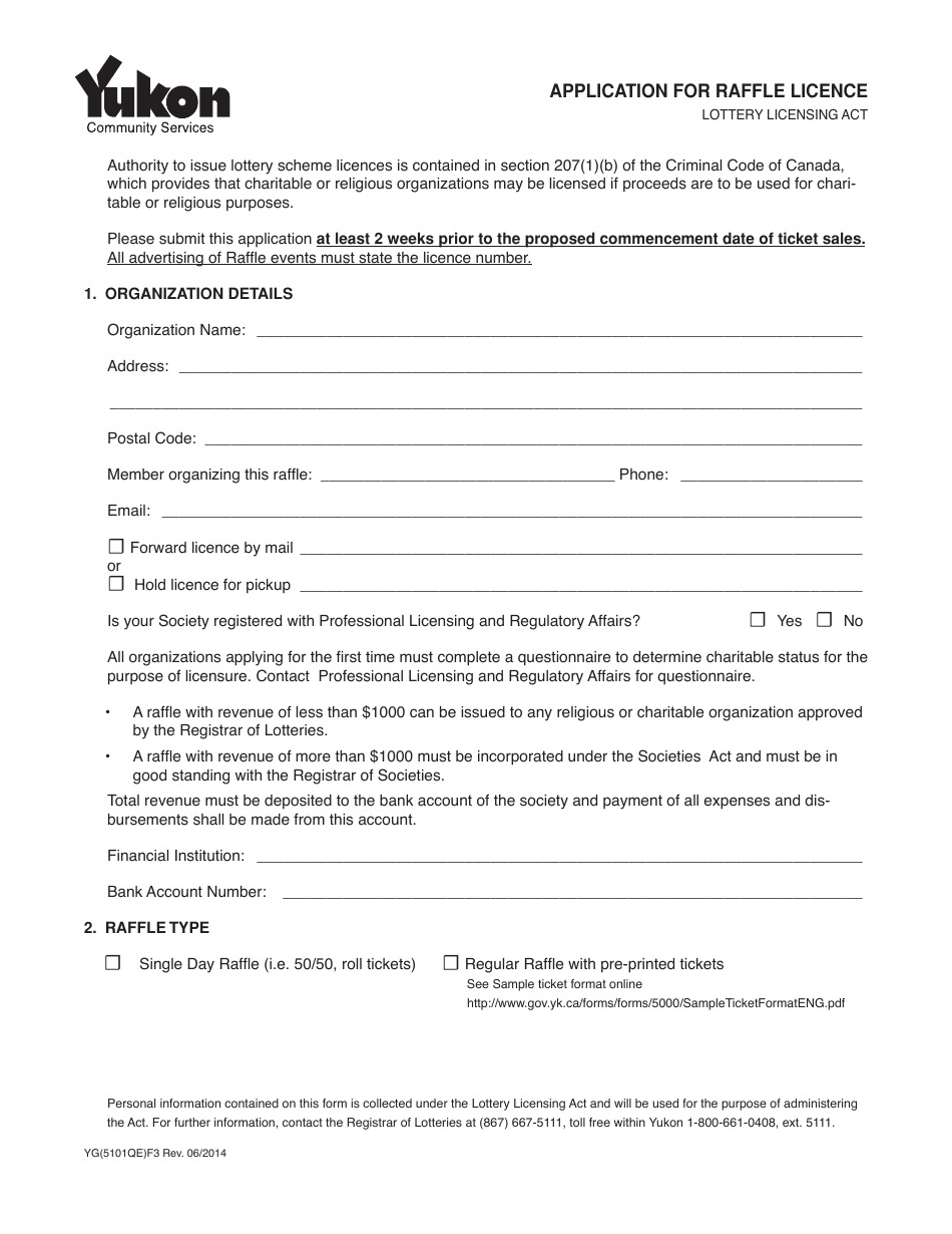 Form YG5101 Application for Raffle Licence - Yukon, Canada, Page 1