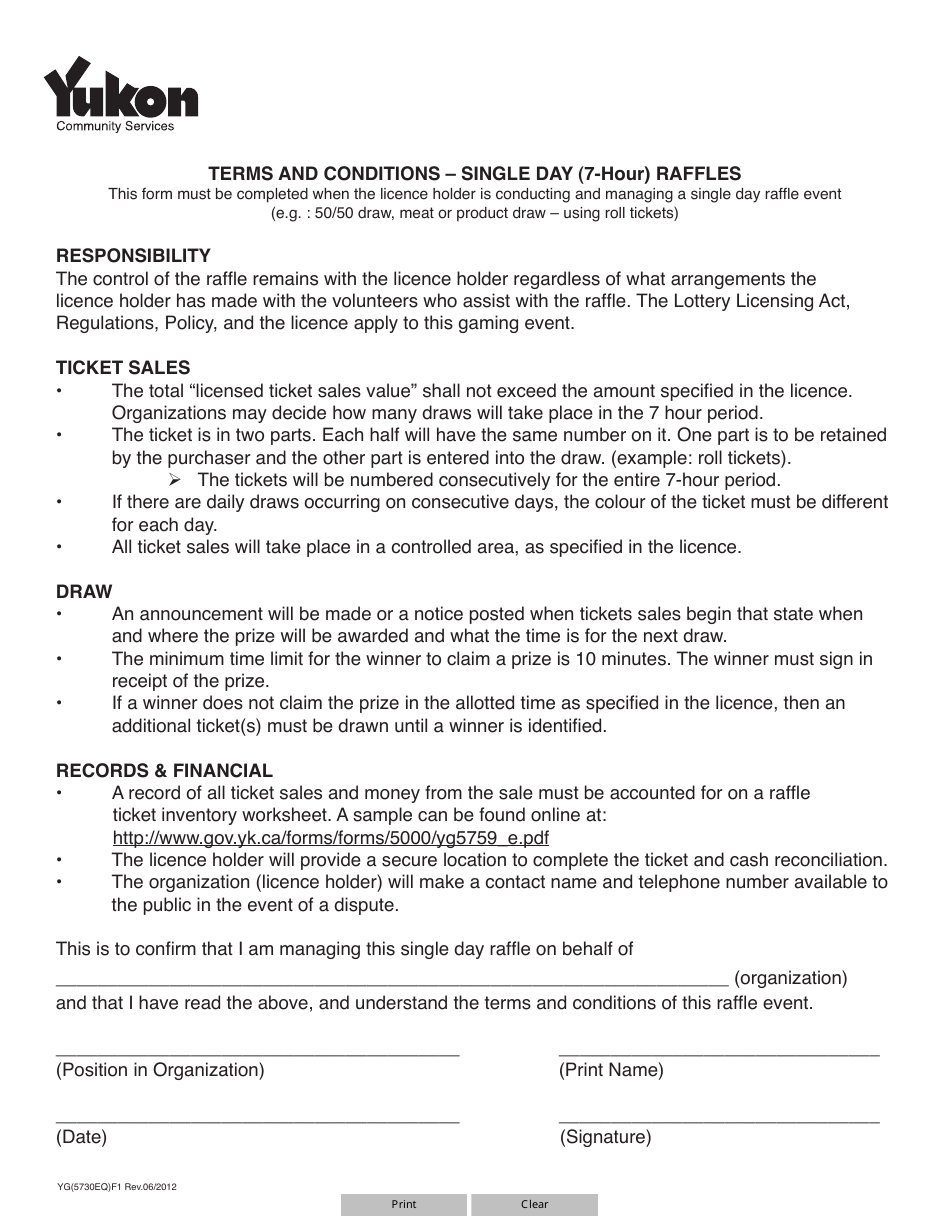 Form YG5730 Terms and Conditions - Single Day (7-hour) Raffles - Yukon, Canada, Page 1