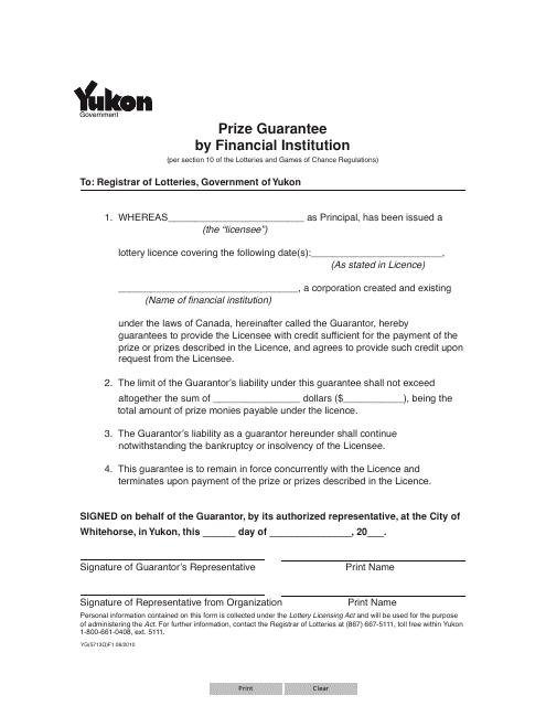 Form YG5713 Prize Guarantee by Financial Institution - Yukon, Canada