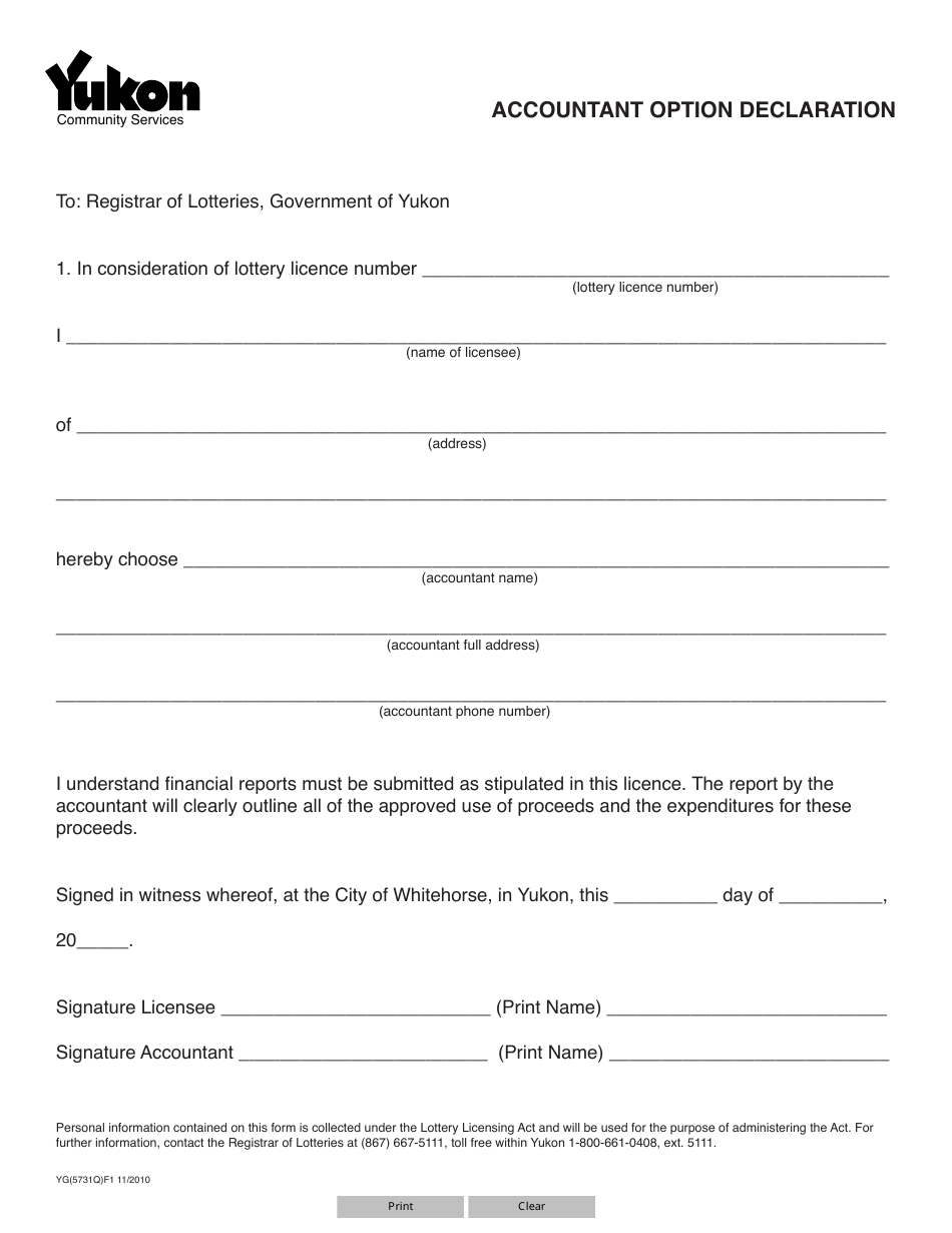 Form YG5731 Account Option Declaration - Yukon, Canada, Page 1
