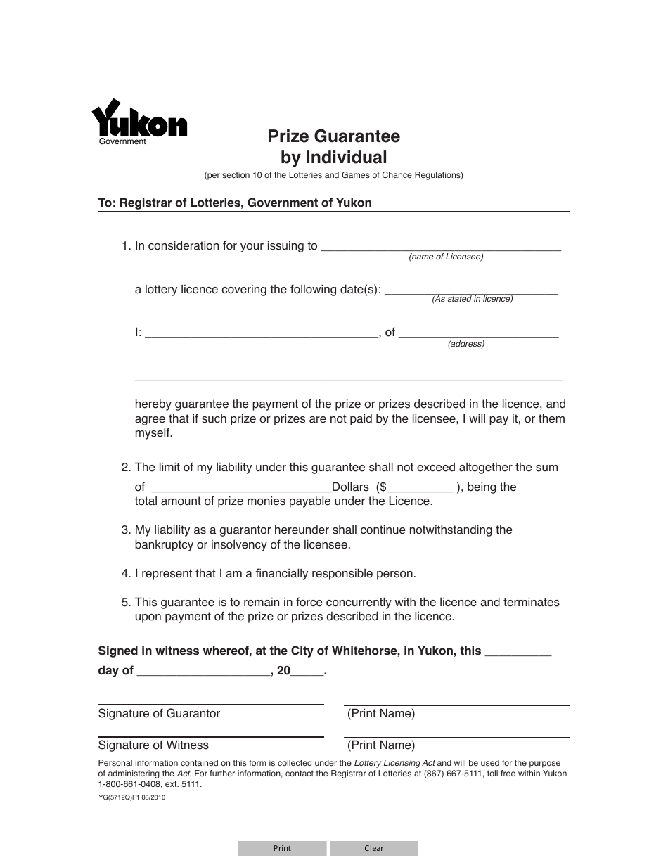Form YG5712 Prize Guarantee by Individual - Yukon, Canada, Page 1