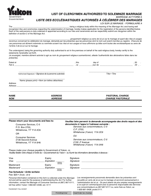 Form A (YG5055) List of Clergymen Authorized to Solemnize Marriage - Yukon, Canada (English/French)