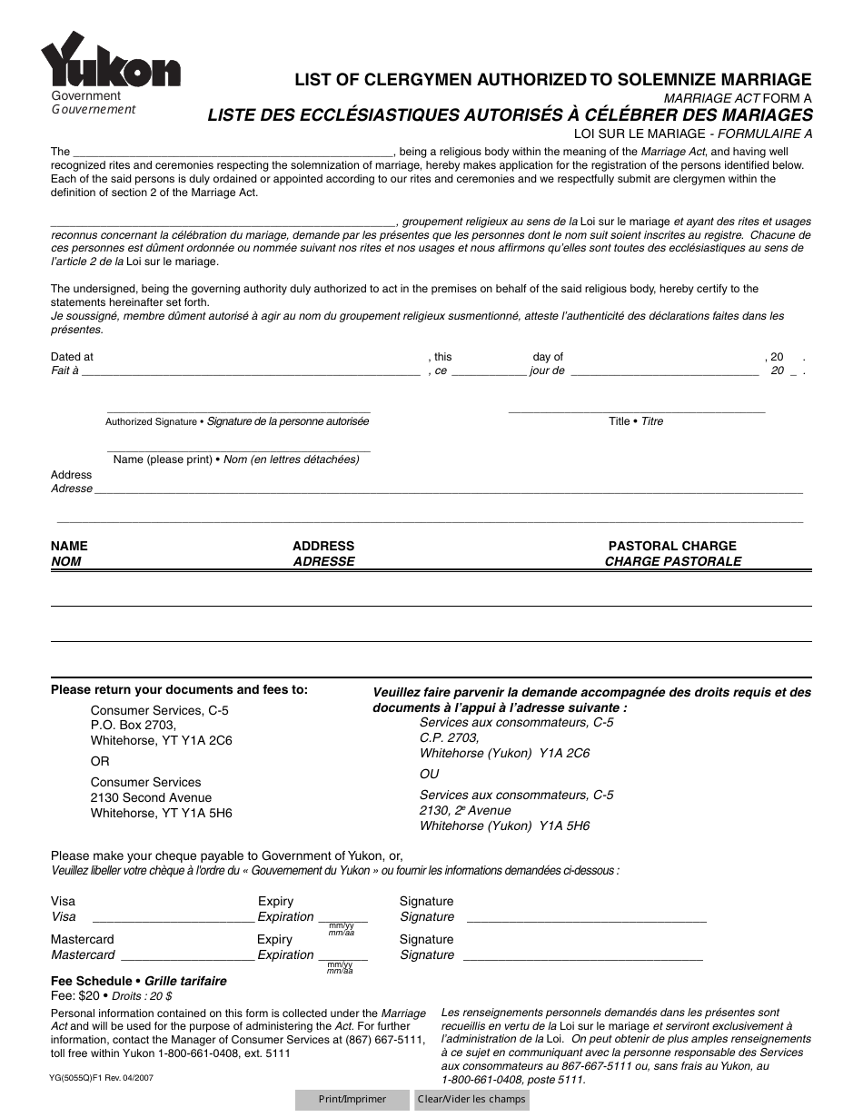 Form A (YG5055) List of Clergymen Authorized to Solemnize Marriage - Yukon, Canada (English / French), Page 1