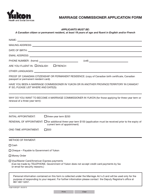 Form YG6102 Marriage Commissioner Application Form - Yukon, Canada