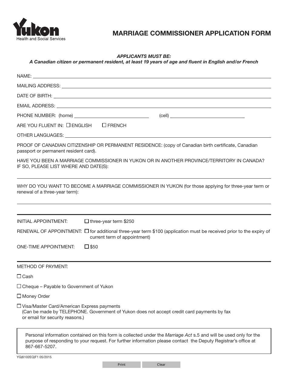 Form YG6102 Marriage Commissioner Application Form - Yukon, Canada, Page 1