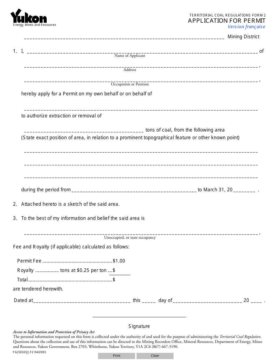 Form YG5032 (2) Application for Permit - Yukon, Canada, Page 1